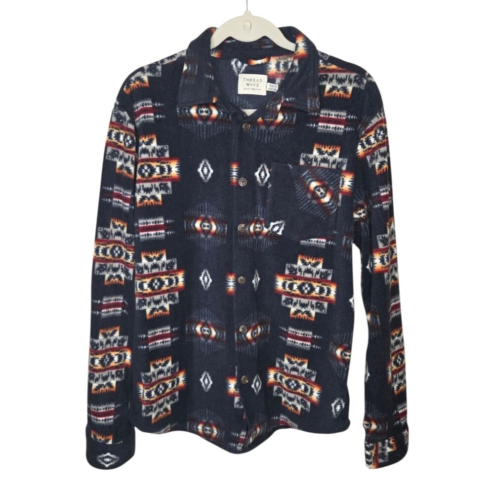 Thread Wave Men's Southwestern Aztec Fleece Shacket Button-Down Shirt, Size Med
